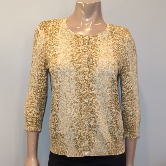 Talbots Animal Print Cardigan Sweater Crop Sleeve Button Front Petite Size Large - Picture 11 of 11